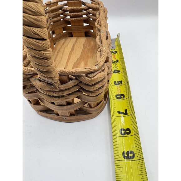 Vtg Handwoven Paper Rope Basket Wood Base Folk Art Primitive Farmhouse Signed - Picture 8 of 10